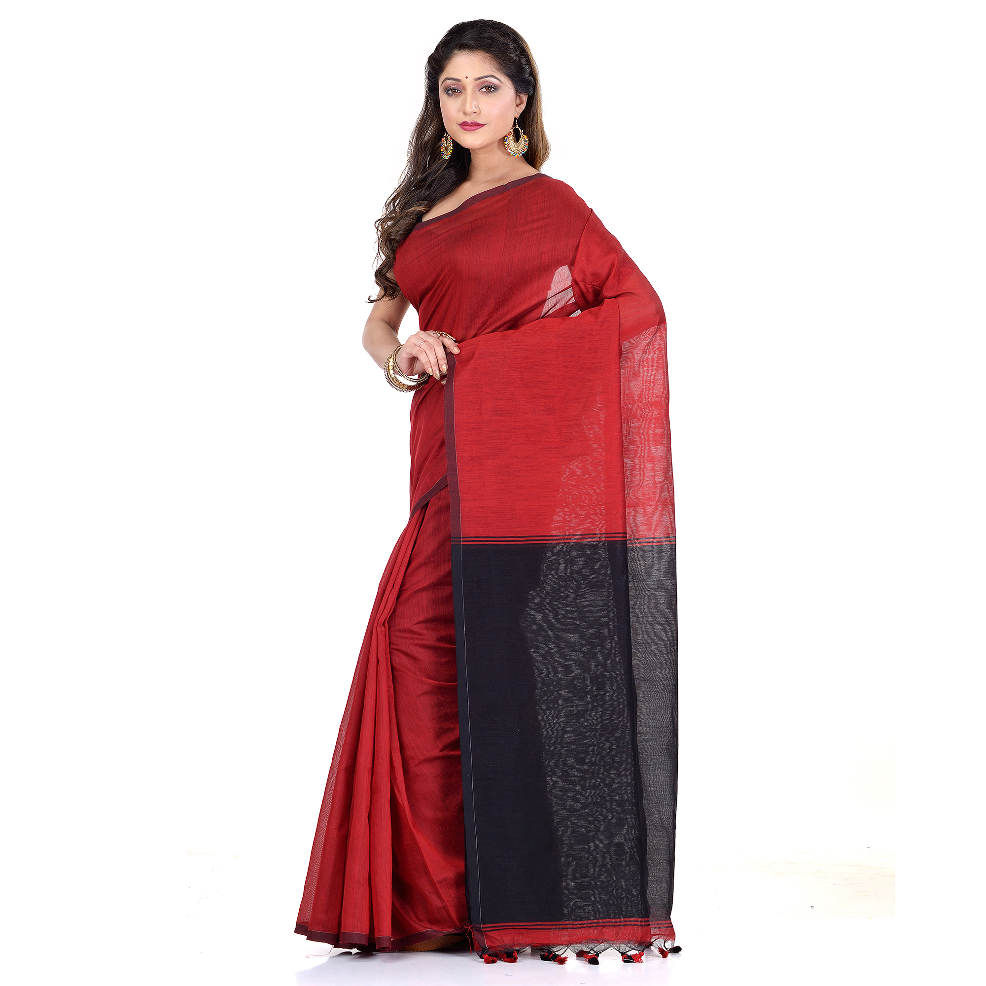 DESH BIDESH Women`s Bengal Half Half Ghicha Handloom Cotton Silk Saree With Blouse Piece (Red Black)